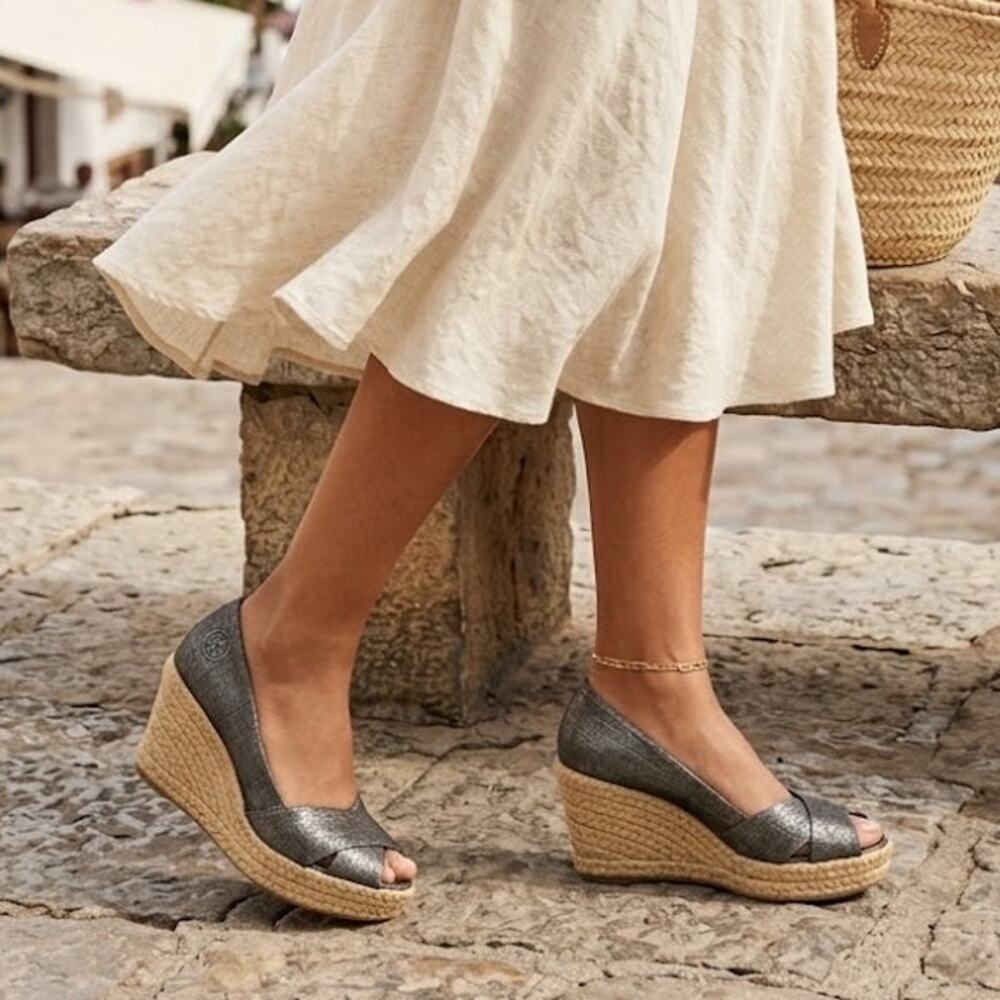 Tory Burch Filipa Pewter Peep Toe Espadrille Wedge Shoes 7.5B Spain